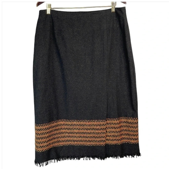 VINTAGE D’Allaird Wool Fringed Midi Skirt Dark Charcoal Burnt Orange Size Large - Picture 2 of 11